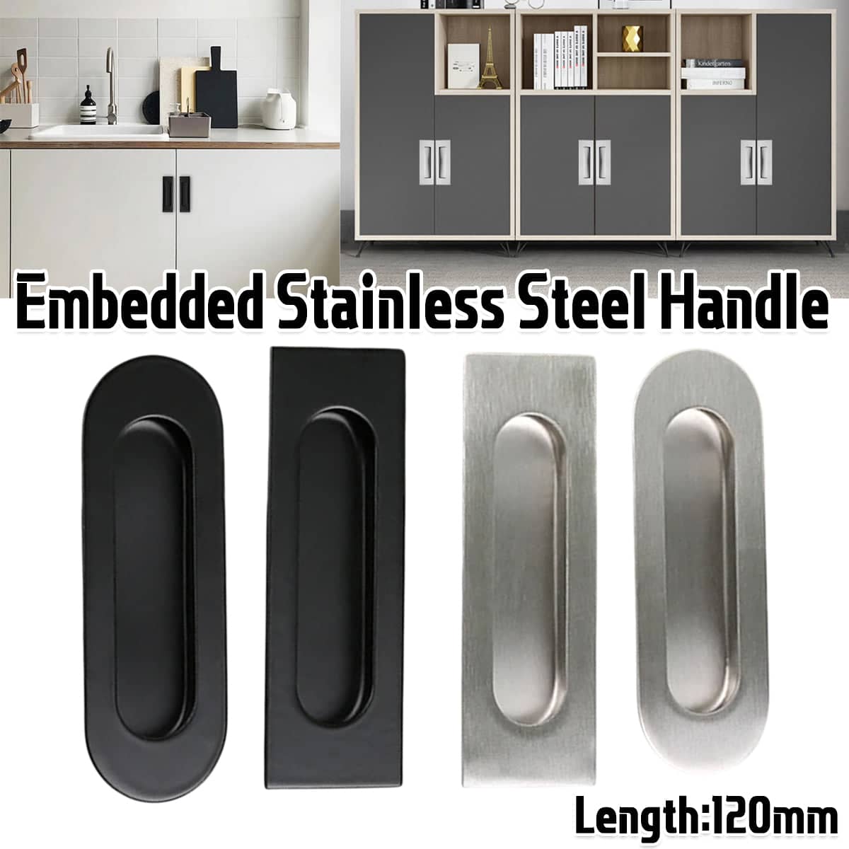 Stainless Steel Recessed Cabinet Handle for Drawers and Doors - Black, Round Style - view 2