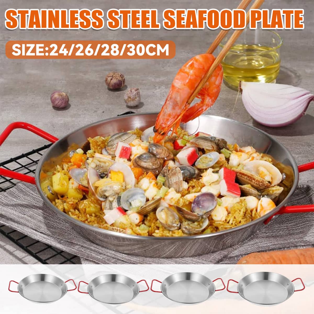 Stainless Steel Seafood Plate with Red Handles - 28 cm Diameter - view 2
