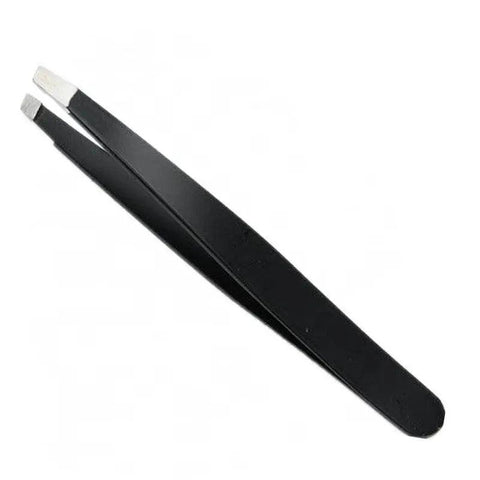 Stainless Steel Slanted Tip Eyebrow Hair Tweezers with Cap - Black