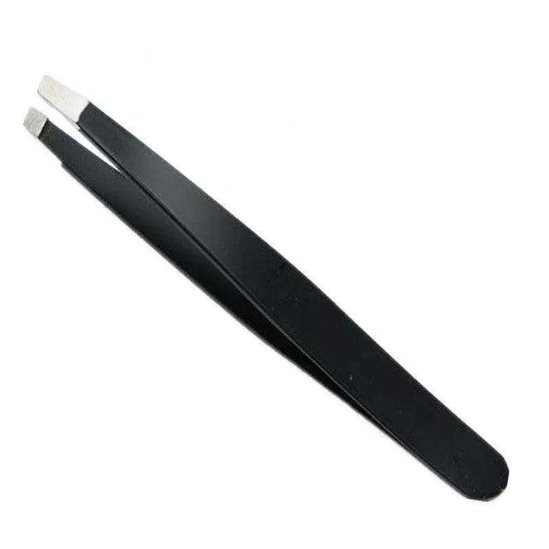 Stainless Steel Slanted Tip Eyebrow Hair Tweezers with Cap - Black