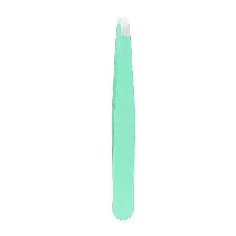 Stainless Steel Slanted Tip Eyebrow Hair Tweezers with Cap - Green
