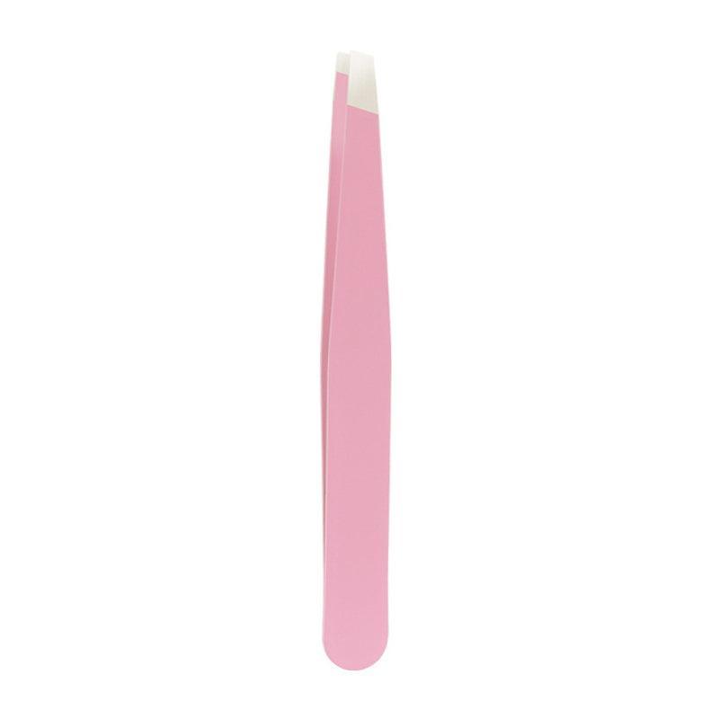 Stainless Steel Slanted Tip Eyebrow Hair Tweezers with Cap - Pink
