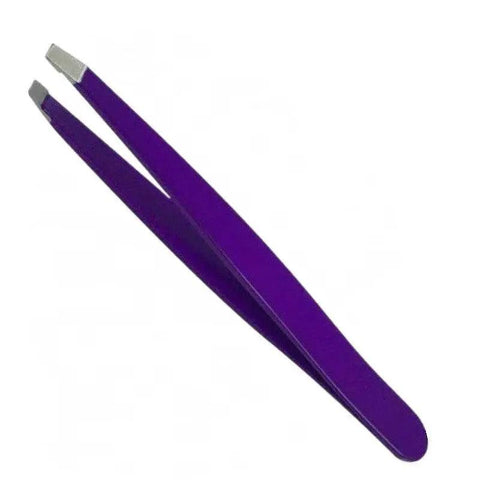 Stainless Steel Slanted Tip Eyebrow Hair Tweezers with Cap - Purple