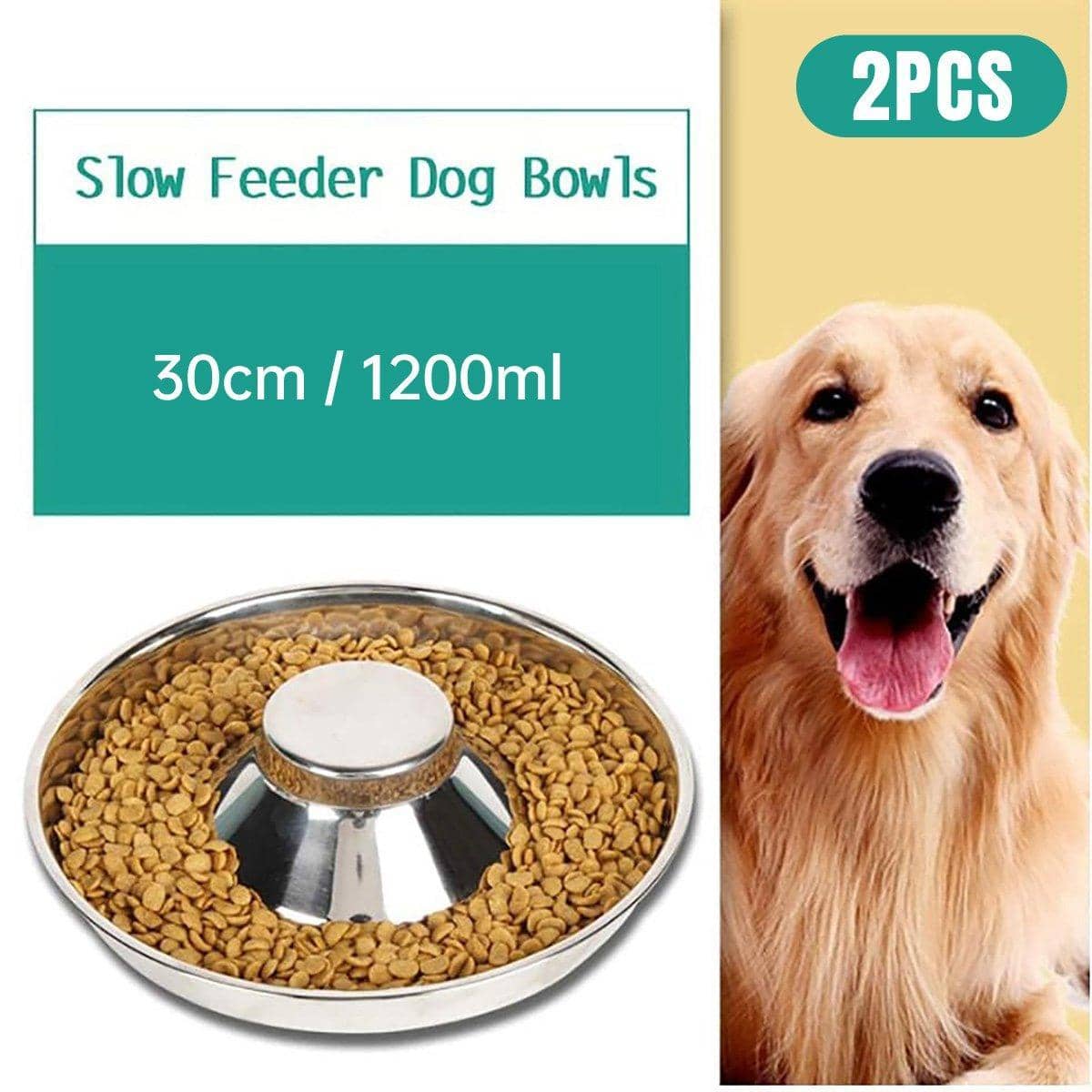 Stainless Steel Slow Feeder Pet Food Bowl for Dogs and Cats, Pack of 2