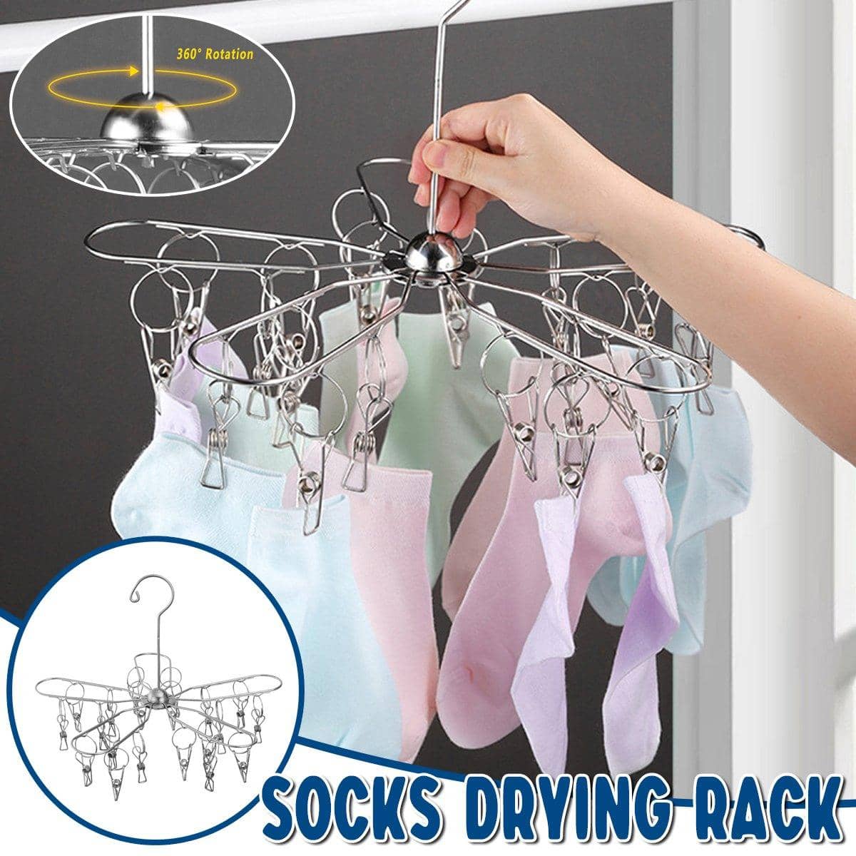 Stainless Steel Sock Drying Rack with 20 Clips, Foldable and Rotating