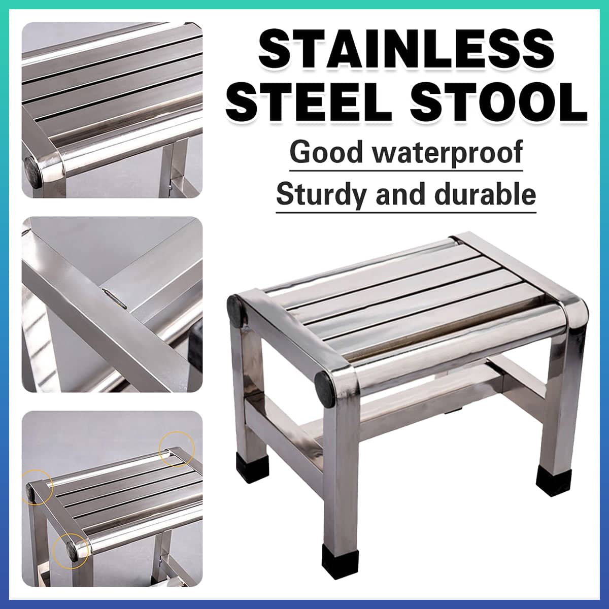 Stainless Steel Square Stool Waterproof Anti Slip Bathroom Stool, Silver