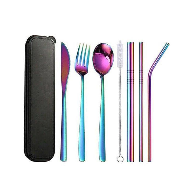 Stainless Steel Travel Cutlery Set with Straws and Case, 8 Piece - Rainbow