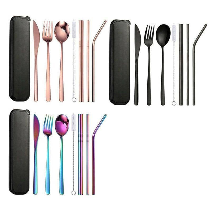 Stainless Steel Travel Cutlery Set with Straws and Case, 8 Piece - Rainbow - view 3