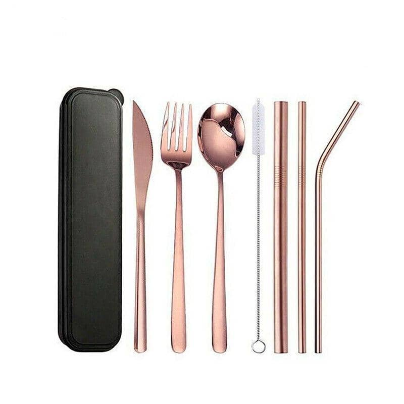 Stainless Steel Travel Cutlery Set with Straws and Case, 8 Piece - Rose Gold