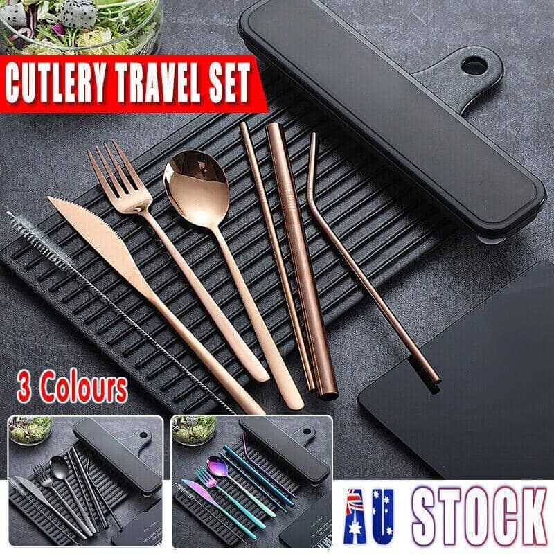 Stainless Steel Travel Cutlery Set with Straws and Case, 8 Piece - Rose Gold - view 2
