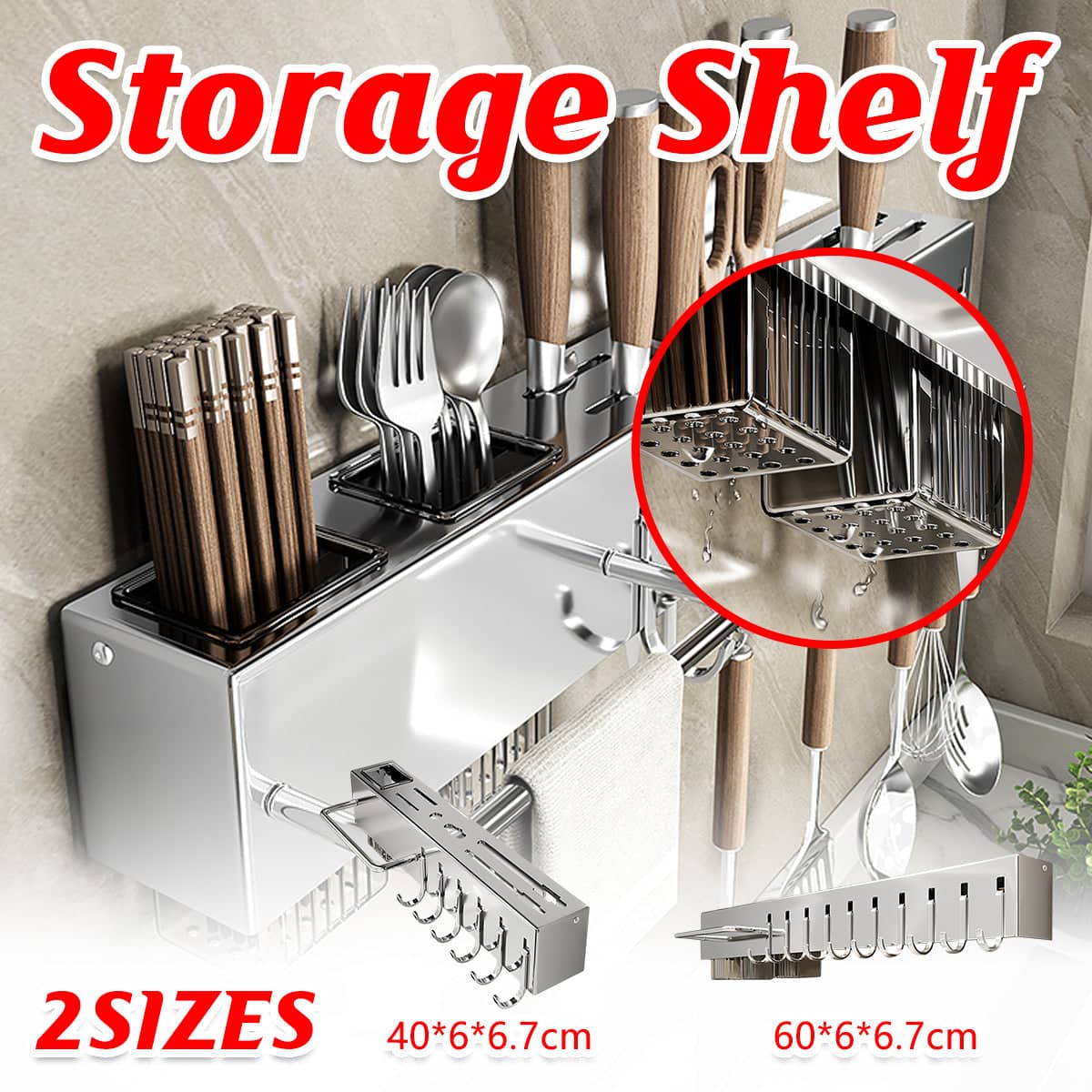 Stainless Steel Wall Mounted Kitchen Knife Rack, Utensil Storage - 60 cm - view 2