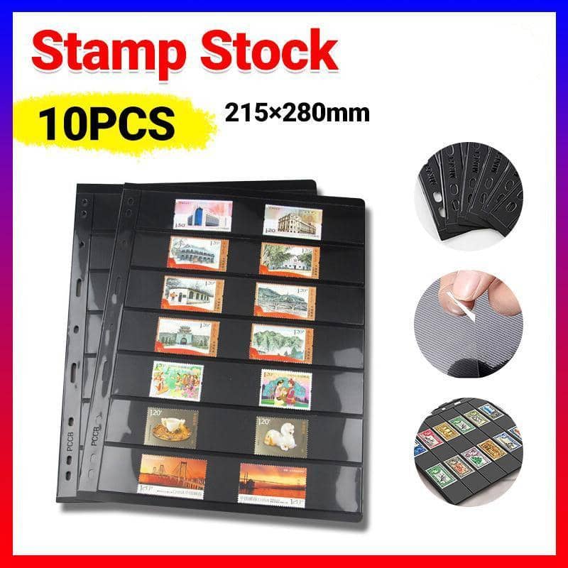 Stamp Album Refill Pages - Black Double-Sided, 7 Strips, 9 Holes, Pack of 10