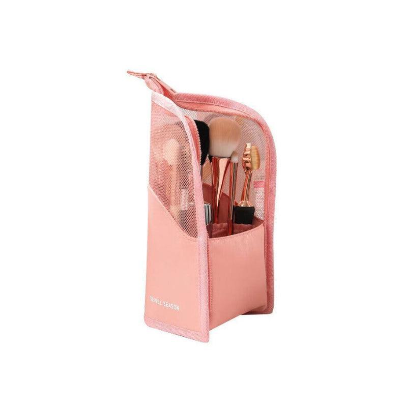 Stand-Up Makeup Brush Holder Cosmetic Bag with Zip - Pink