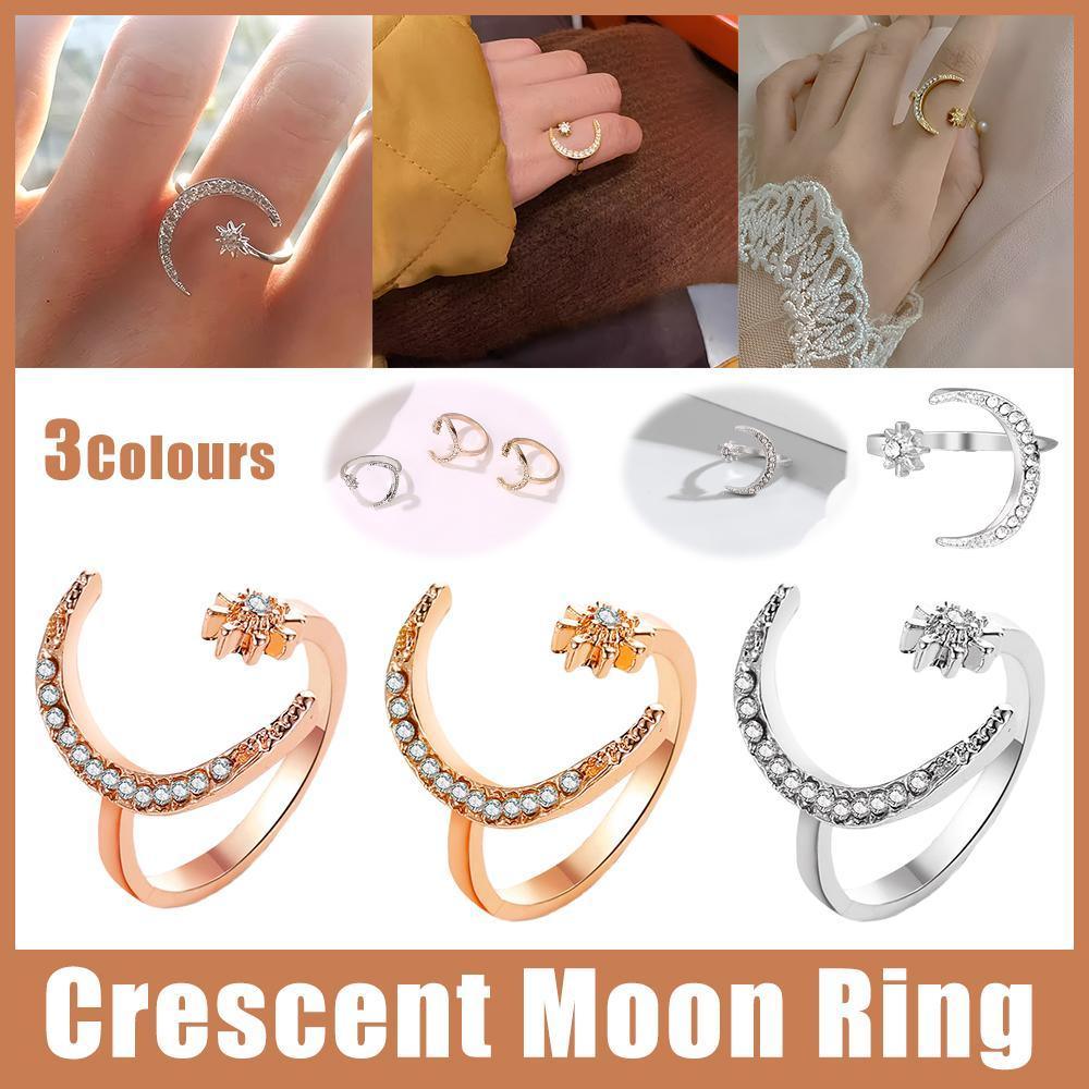 Star and Moon Open Ring with Rhinestones, Adjustable 2cm - Rose Gold - view 2