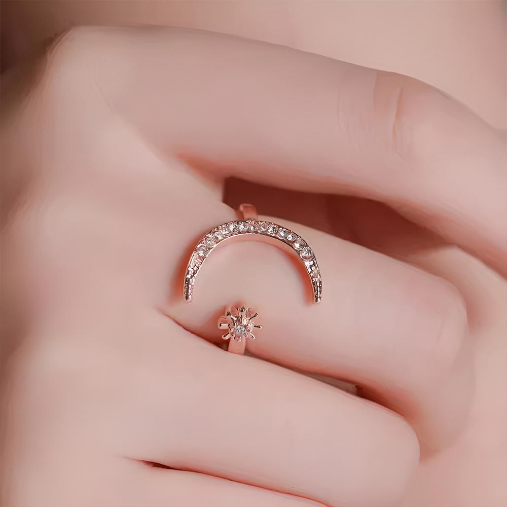 Star and Moon Open Ring with Rhinestones, Adjustable 2cm - Rose Gold - view 7