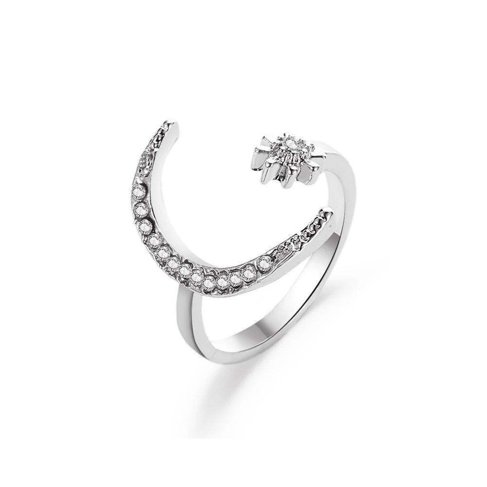Star Moon Rhinestone Opening Ring - White