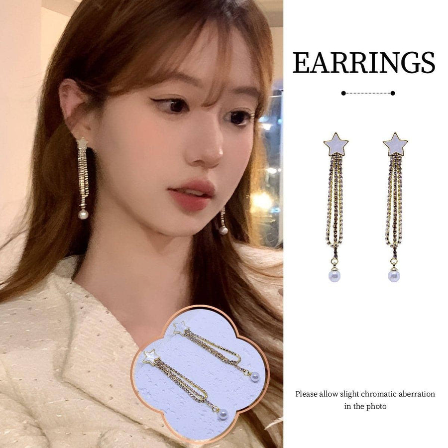 Star Pearl Tassel Dangle Earrings for Women, Gold and White