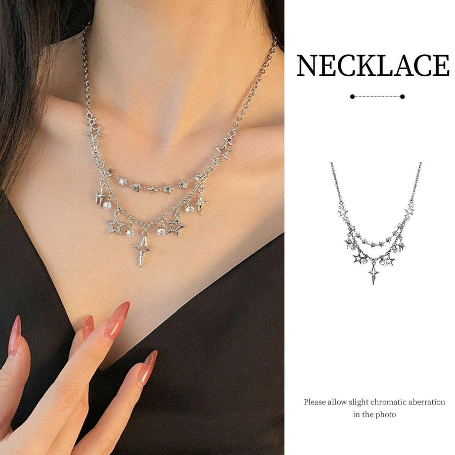 Star Tassel Geometric Necklace, Layered Copper Chain Fashion Jewellery