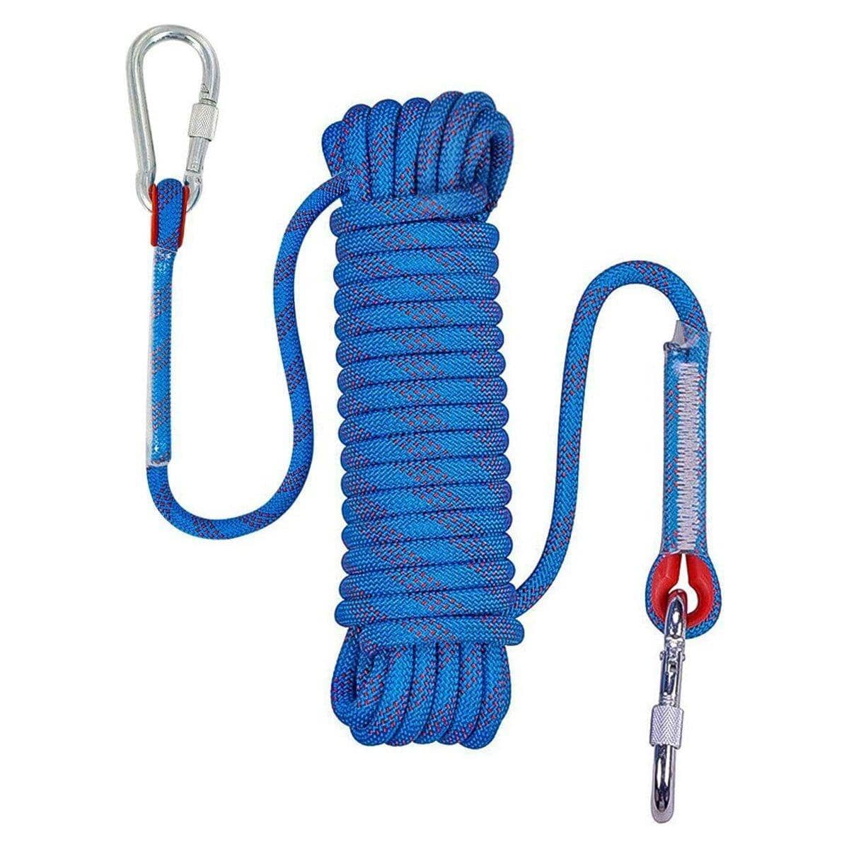Static Nylon Climbing Rope, 12 mm Diameter with 2 Carabiners - 20 m