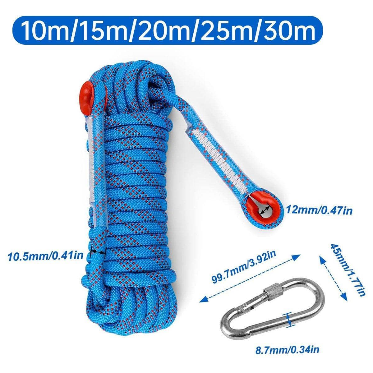 Static Nylon Climbing Rope, 12 mm Diameter with 2 Carabiners - 25 m - view 4