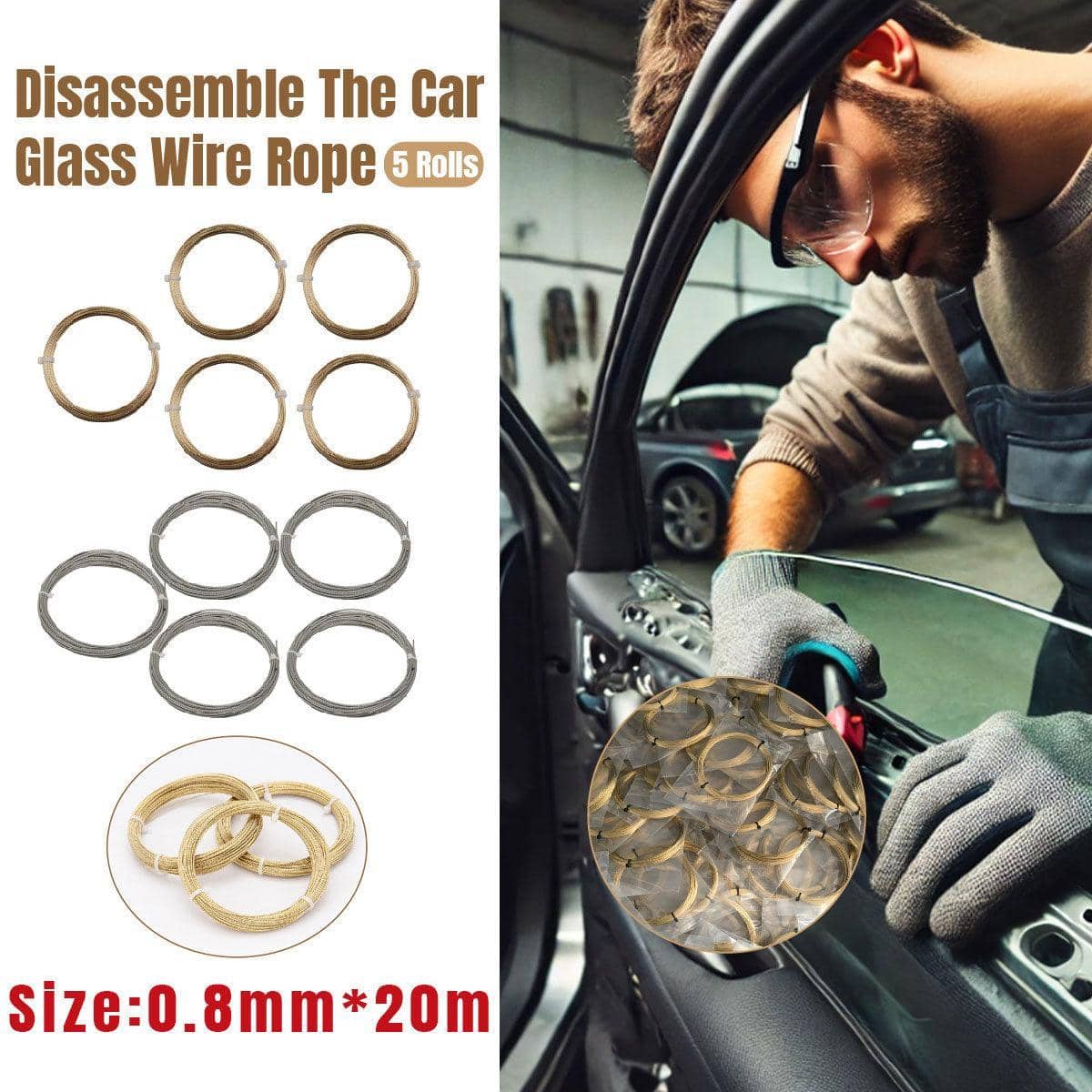 Steel Wire Rope for Automotive Glass Removal, 20m, Pack of 5 - Silver - view 2