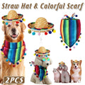 Straw Hat and Striped Pom Pom Scarf Set for Dogs and Cats, Set of 2