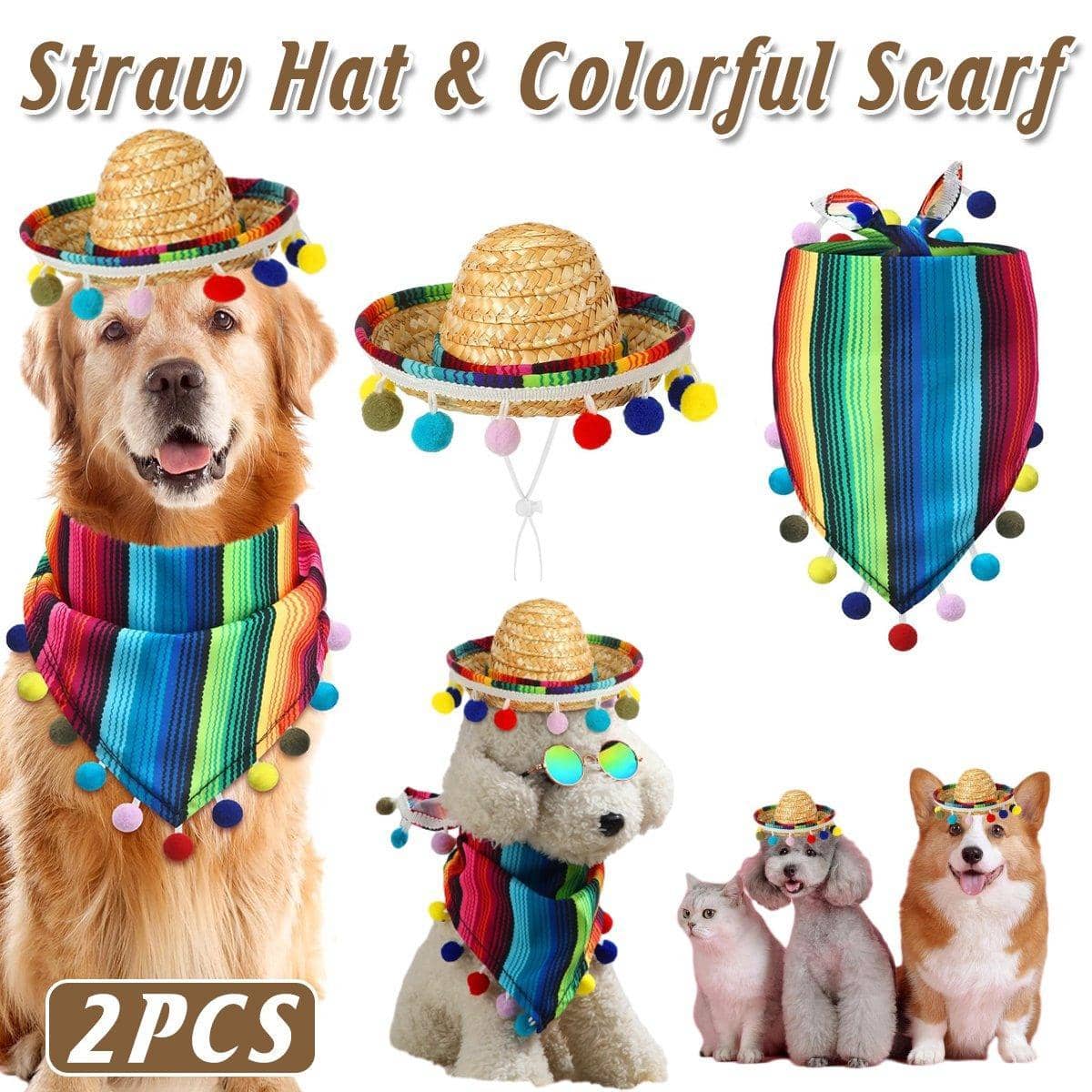 Straw Hat and Striped Pom Pom Scarf Set for Dogs and Cats, Set of 2