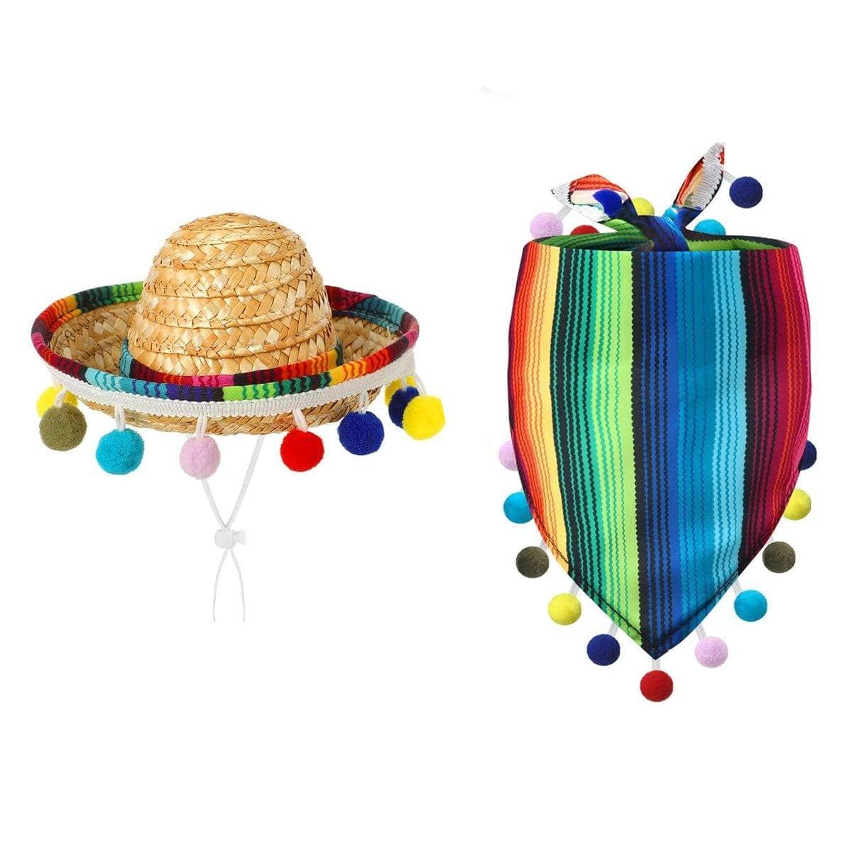 Straw Hat and Striped Pom Pom Scarf Set for Dogs and Cats, Set of 2 - view 2