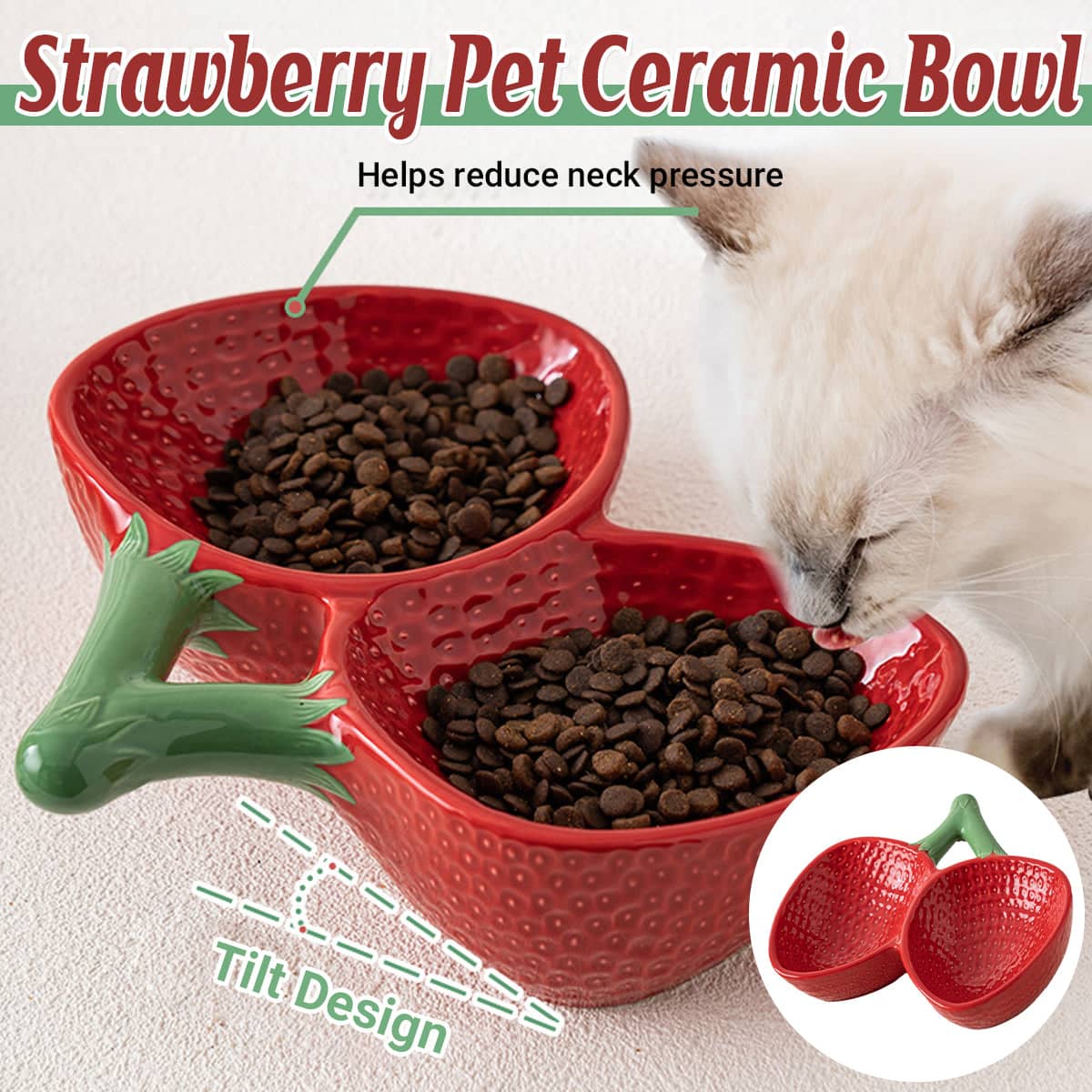 Strawberry Ceramic Tilted Pet Bowl Set for Cats and Dogs, Double Elevated Non Slip, Red