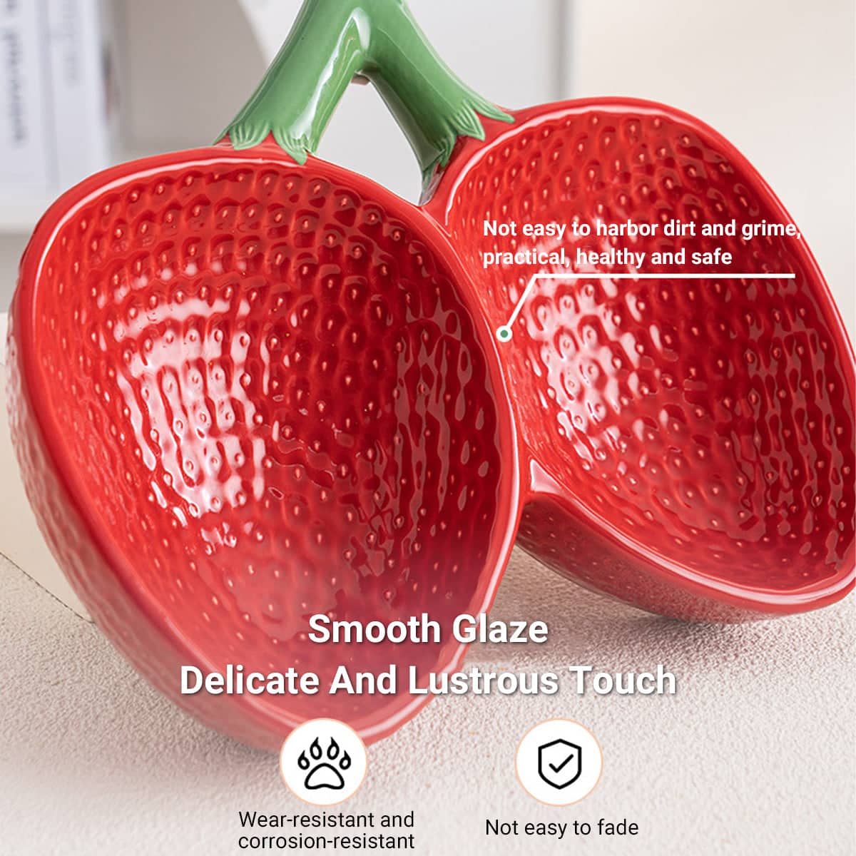 Strawberry Ceramic Tilted Pet Bowl Set for Cats and Dogs, Double Elevated Non Slip, Red - view 5