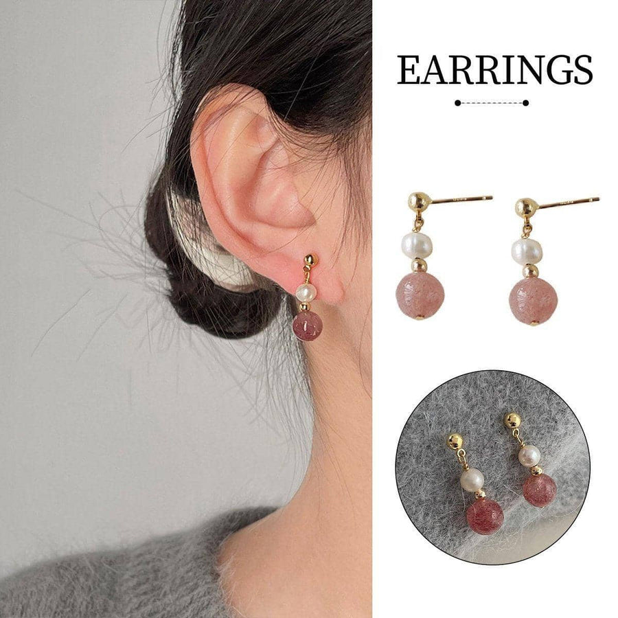 Strawberry Crystal Drop Stud Earrings with Imitation Pearl for Women