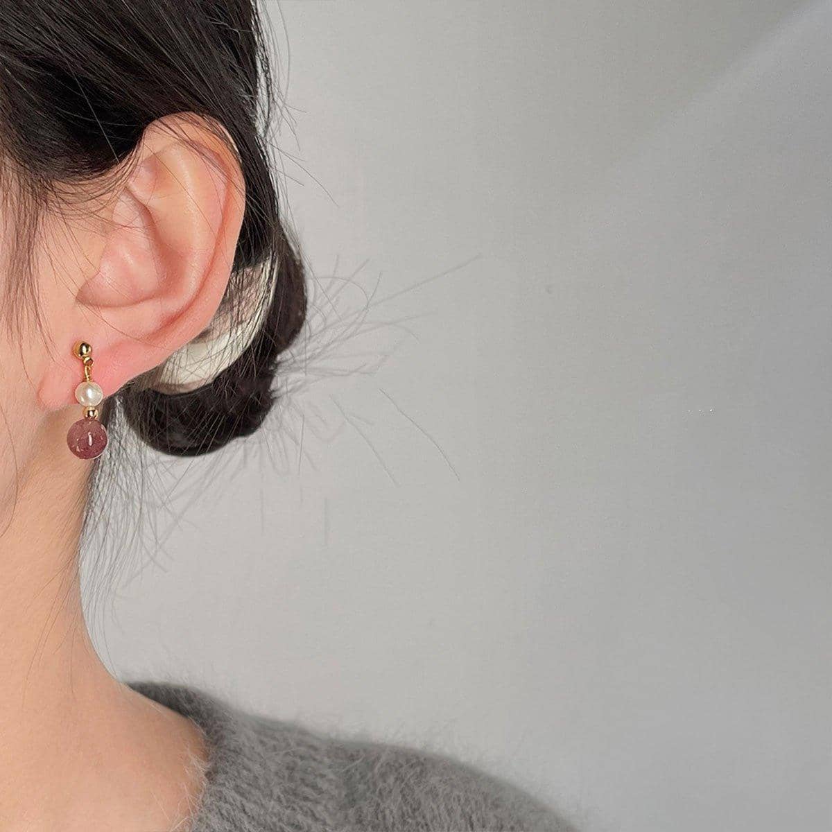 Strawberry Crystal Drop Stud Earrings with Imitation Pearl for Women - view 5