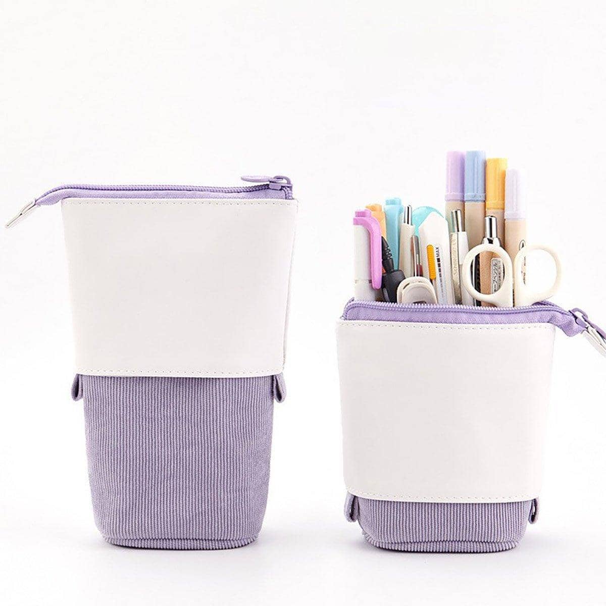 Stretchable Canvas Pencil Case, Pull-Down Pen Holder - Light Purple and White