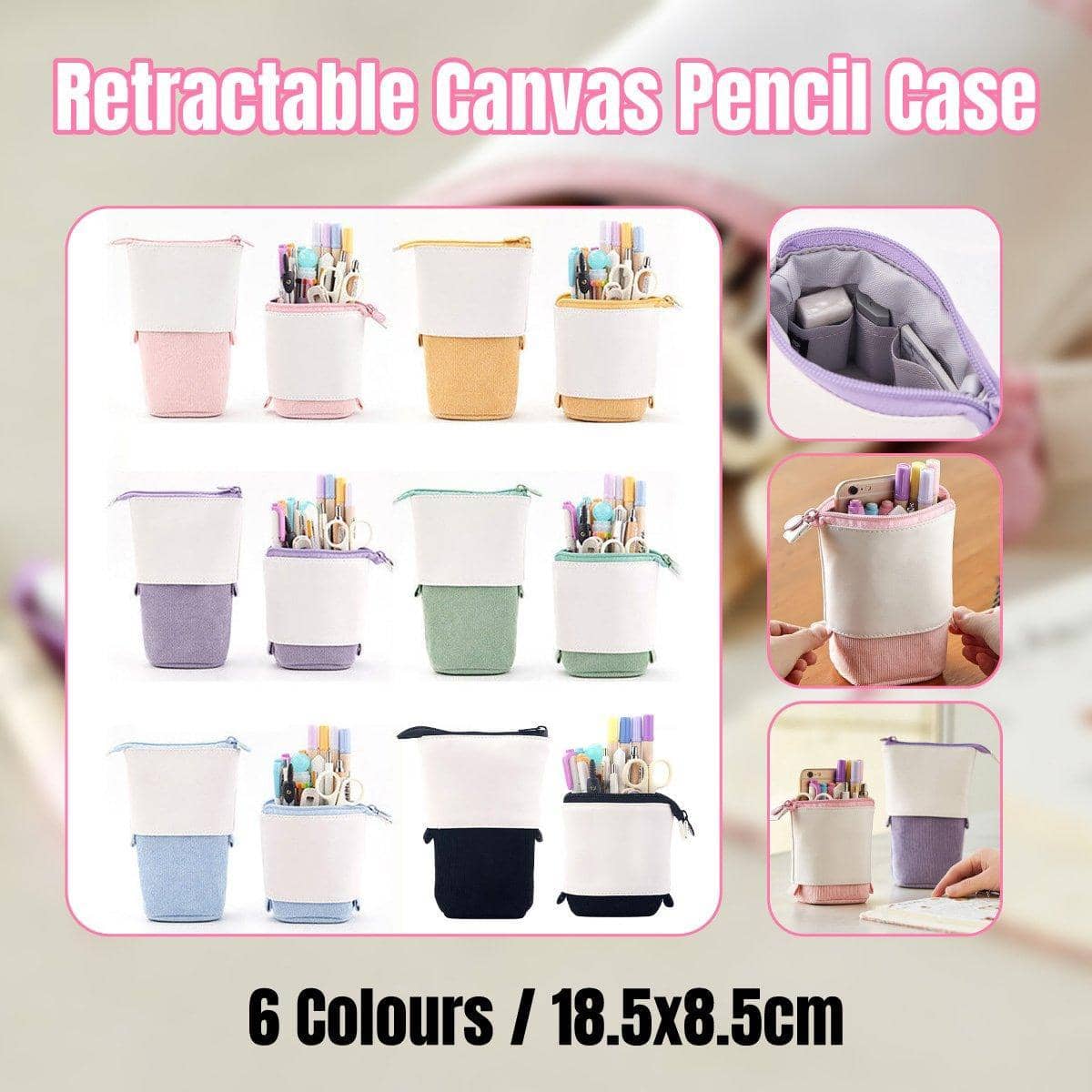 Stretchable Canvas Pencil Case, Pull-Down Pen Holder - Light Purple and White - view 2