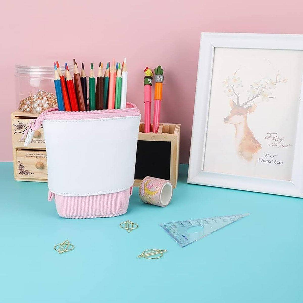 Stretchable Canvas Pencil Case, Pull-Down Pen Holder - Light Purple and White - view 5