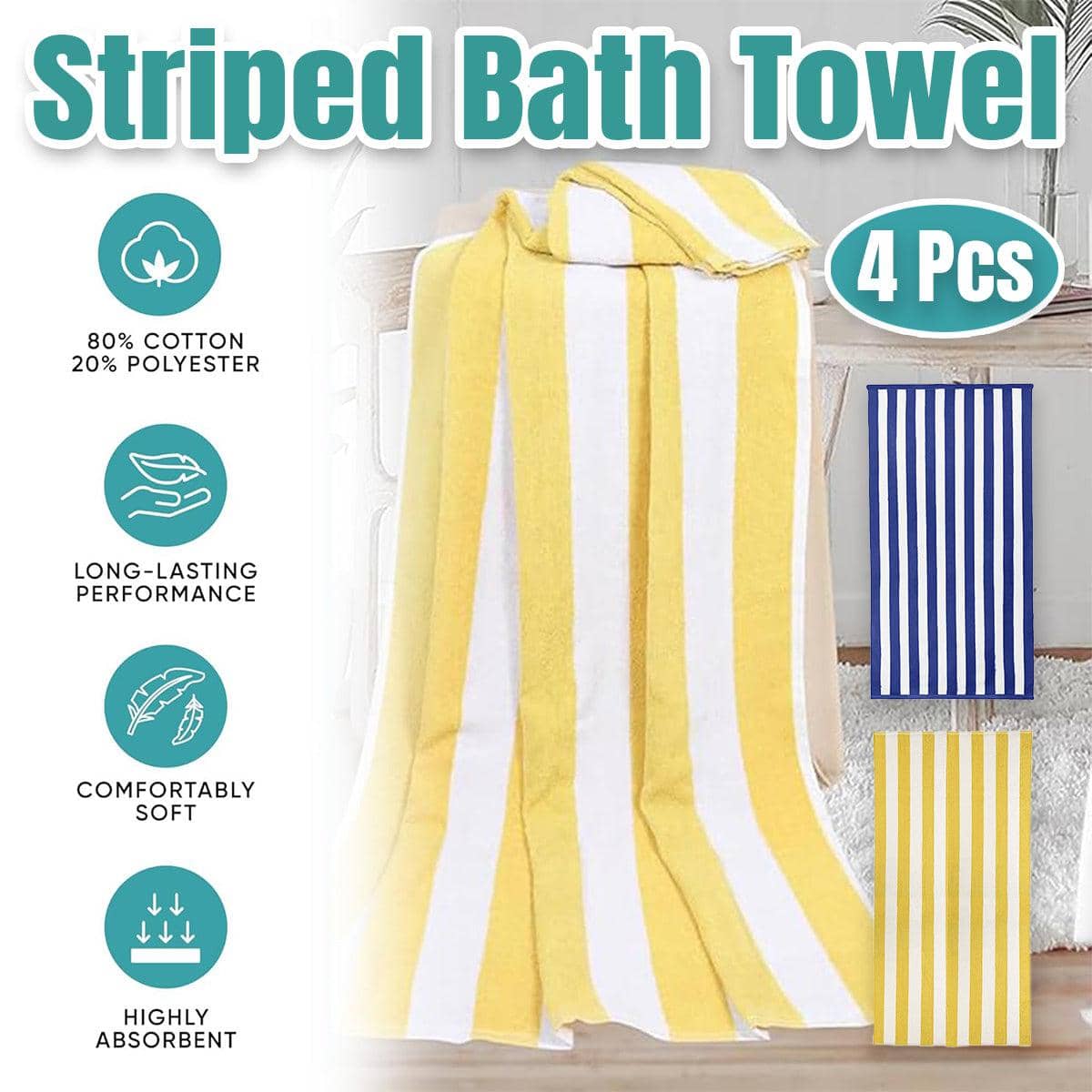 Striped Bath Towels, 75 x 150 cm, Pack of 4 - Blue - view 2