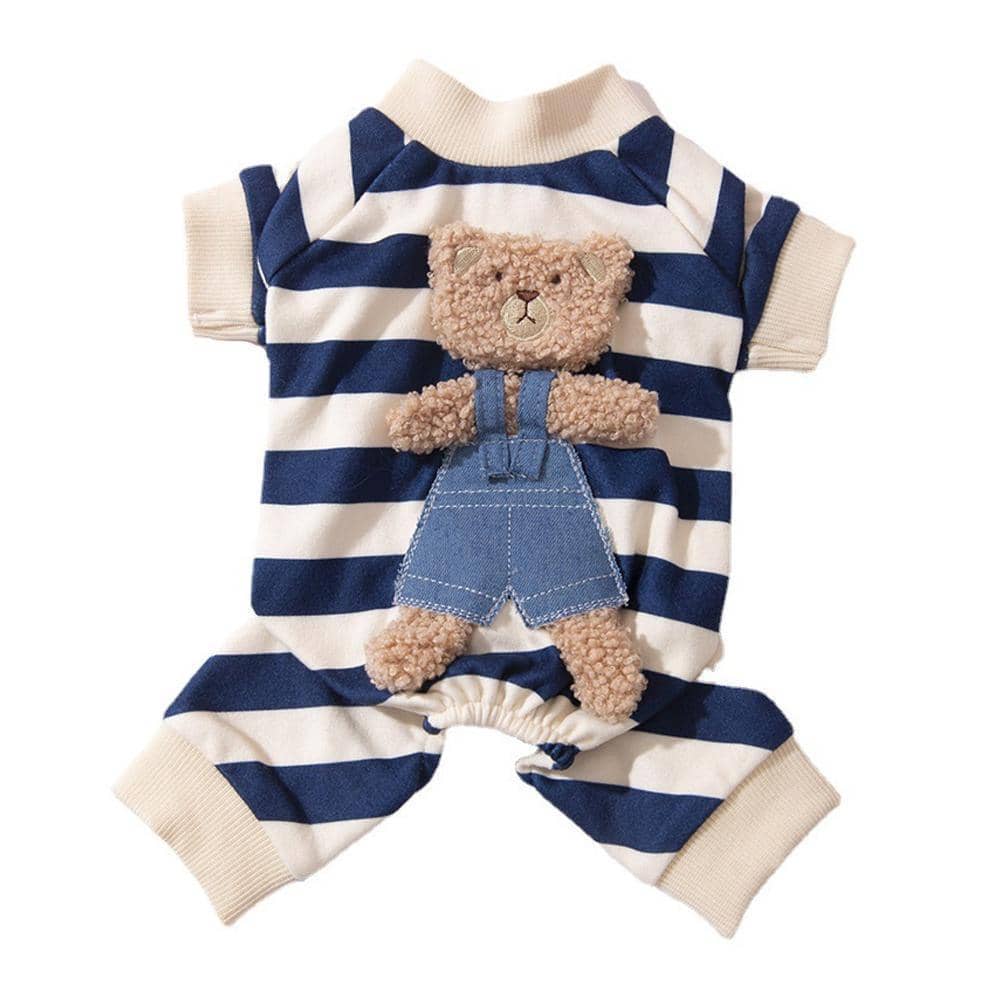 Striped Bear Pet Pyjamas for Dogs and Cats - Navy Blue, Size M (Chest 42 cm, Back 30 cm)
