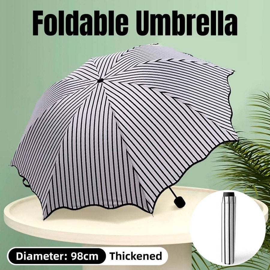 Striped Folding Umbrella for Sun and Rain with Black Rubber UV Coating