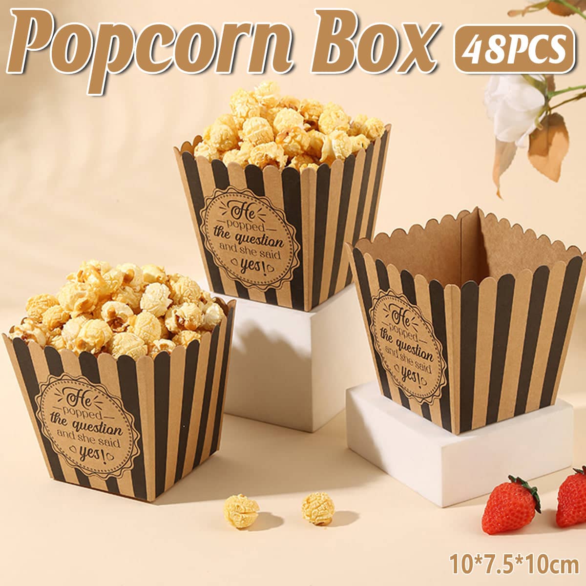 Striped Paper Popcorn Boxes - Retro Movie Party Candy Containers, Pack of 48