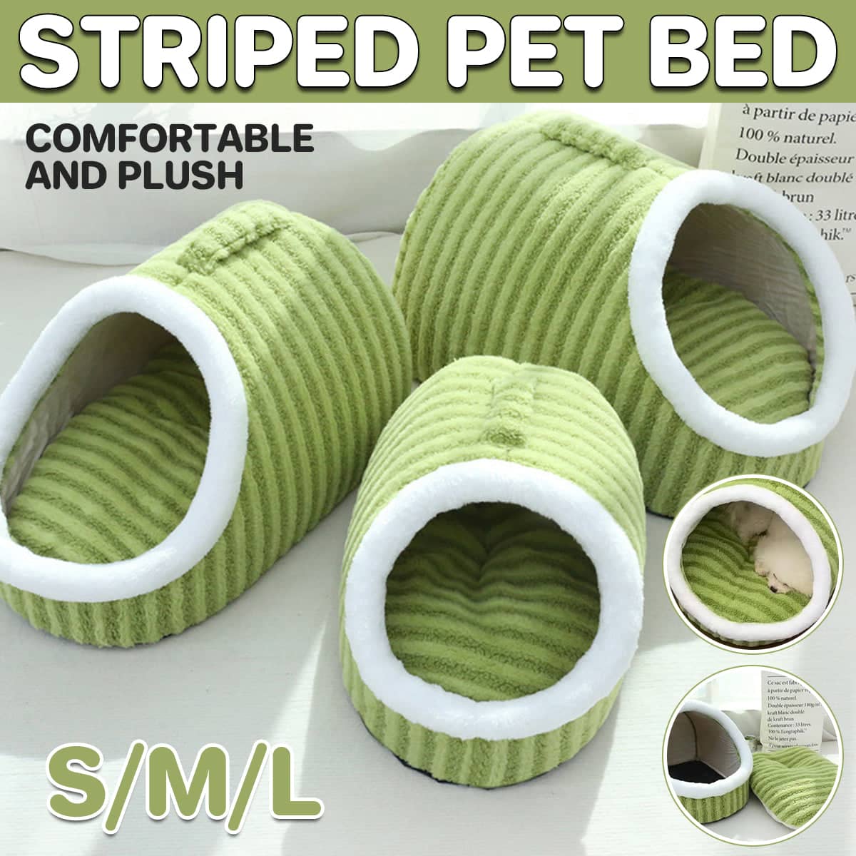 Striped Pet Bed Warm Soft Cat Dog Cave Nest Thickened Cozy Indoor Sleeping - Small (45 x 30 x 25 cm) - view 2