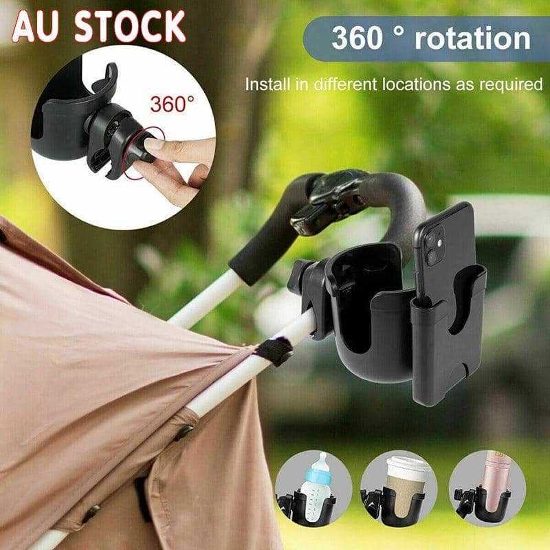 Stroller Cup Holder with Phone Storage, Black
