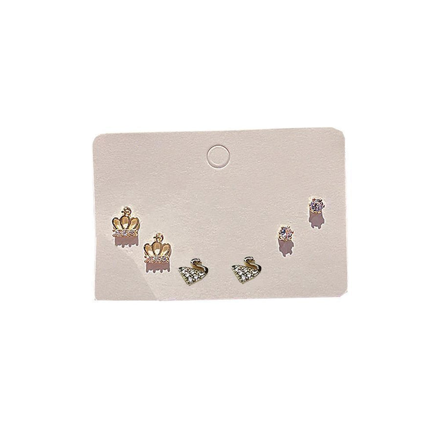 Stud Earring Set - Crown and Swan Crystal Studs (Design 9)