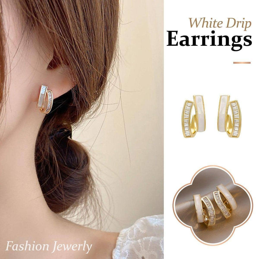 Stud Earrings with White Drip Design and Zircon for Women - Gold Tone