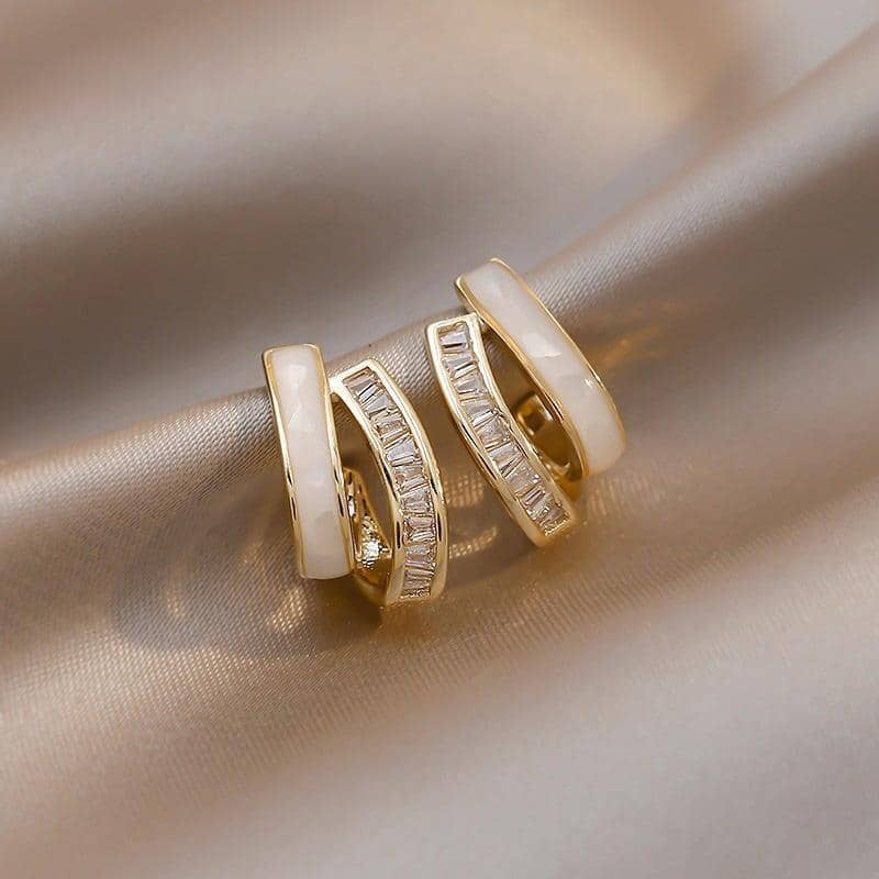 Stud Earrings with White Drip Design and Zircon for Women - Gold Tone - view 4