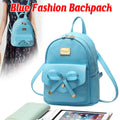 Student Backpack Shoulder Bag with Bow for Girls, PU Leather - Blue