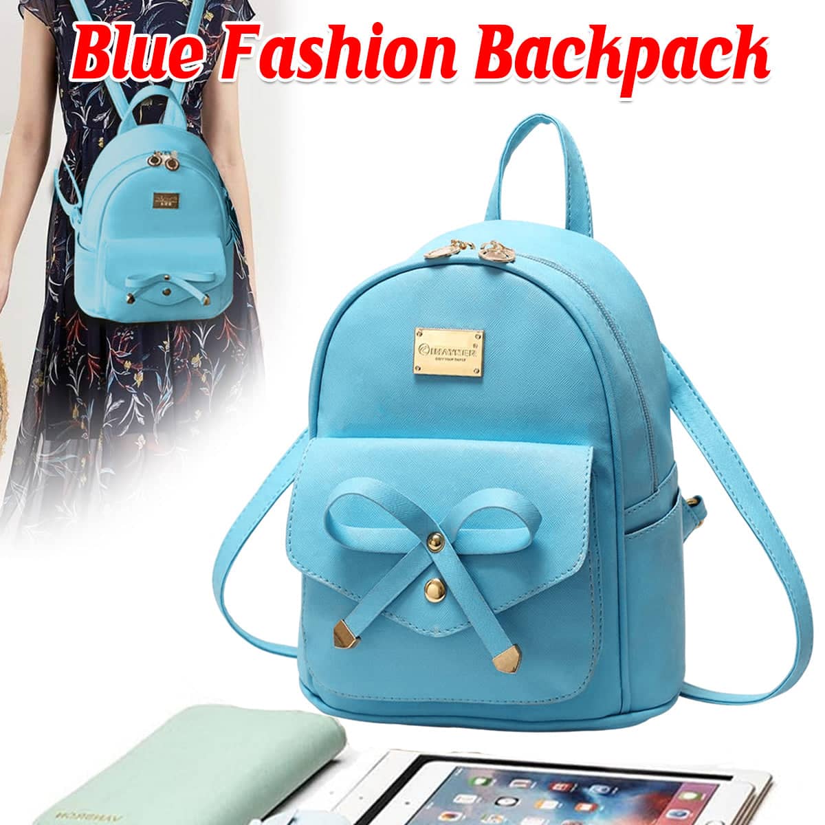 Student Backpack Shoulder Bag with Bow for Girls, PU Leather - Blue