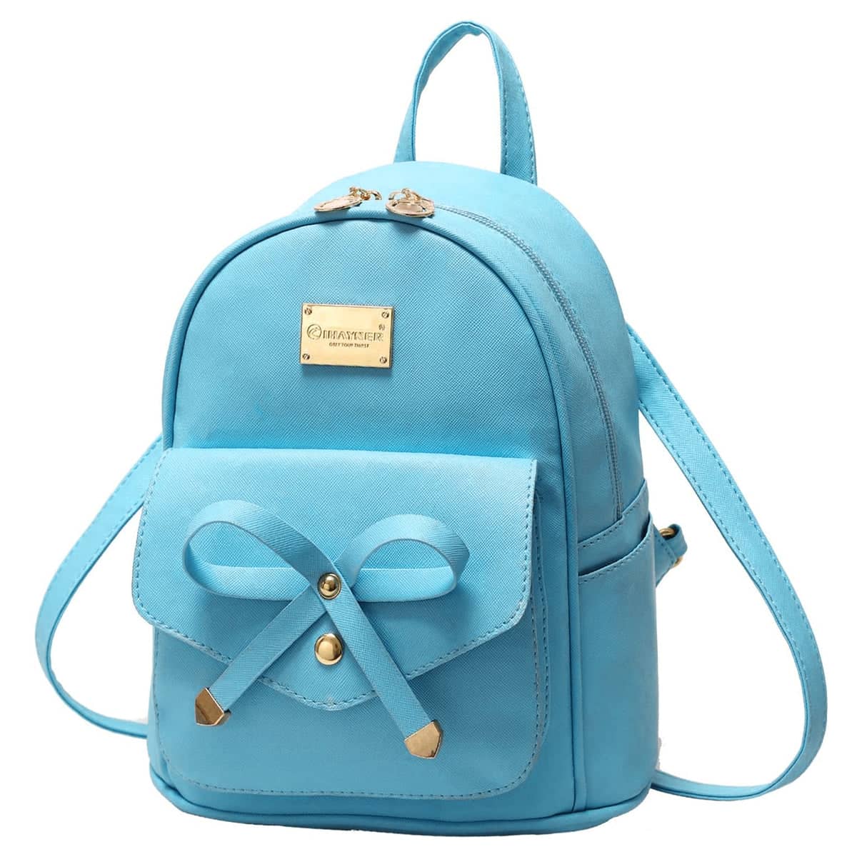 Student Backpack Shoulder Bag with Bow for Girls, PU Leather - Blue - view 2