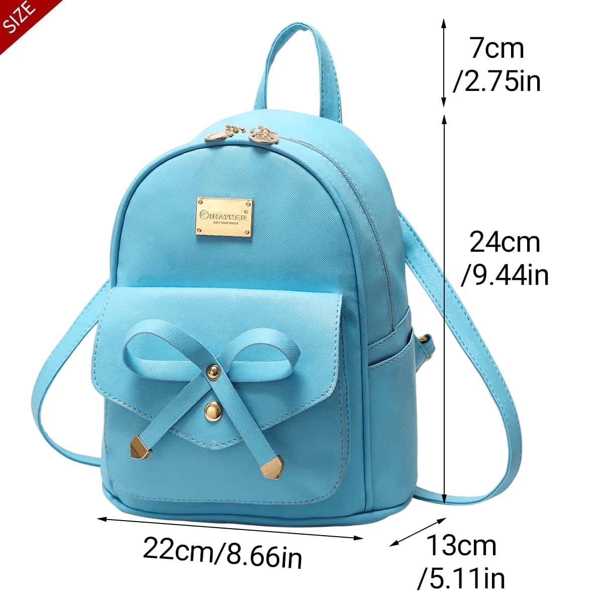 Student Backpack Shoulder Bag with Bow for Girls, PU Leather - Blue - view 3