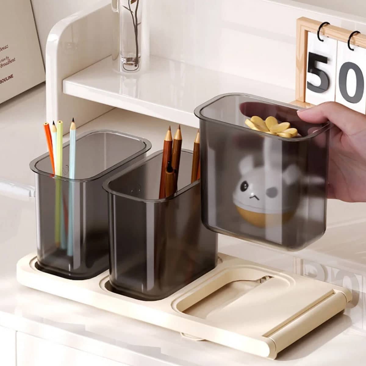 Student Desktop Organiser 3 Tier Pen and Stationery Storage, Beige - view 4