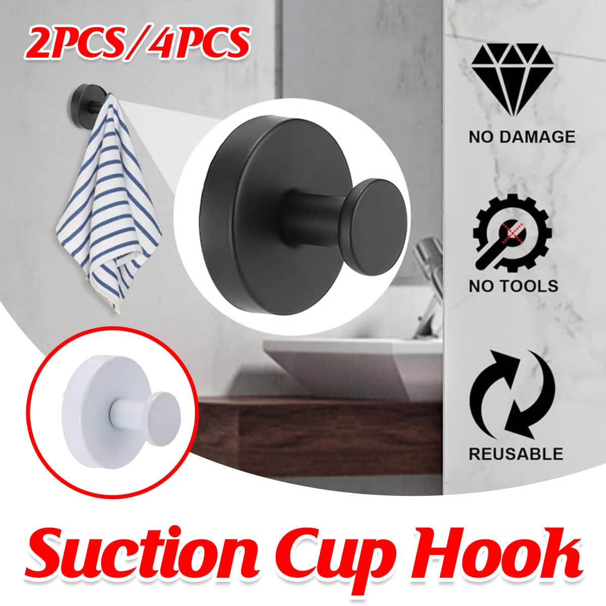 Suction Cup Wall Hooks for Bathroom, No Drill - White, Pack of 4 - view 2